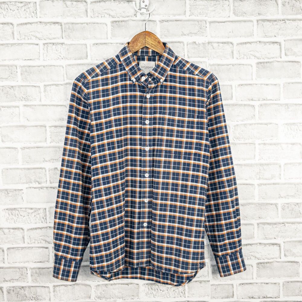 SATURDAYS Surf NYC Button Down Shirt Blue Orange Plaid Cotton Small